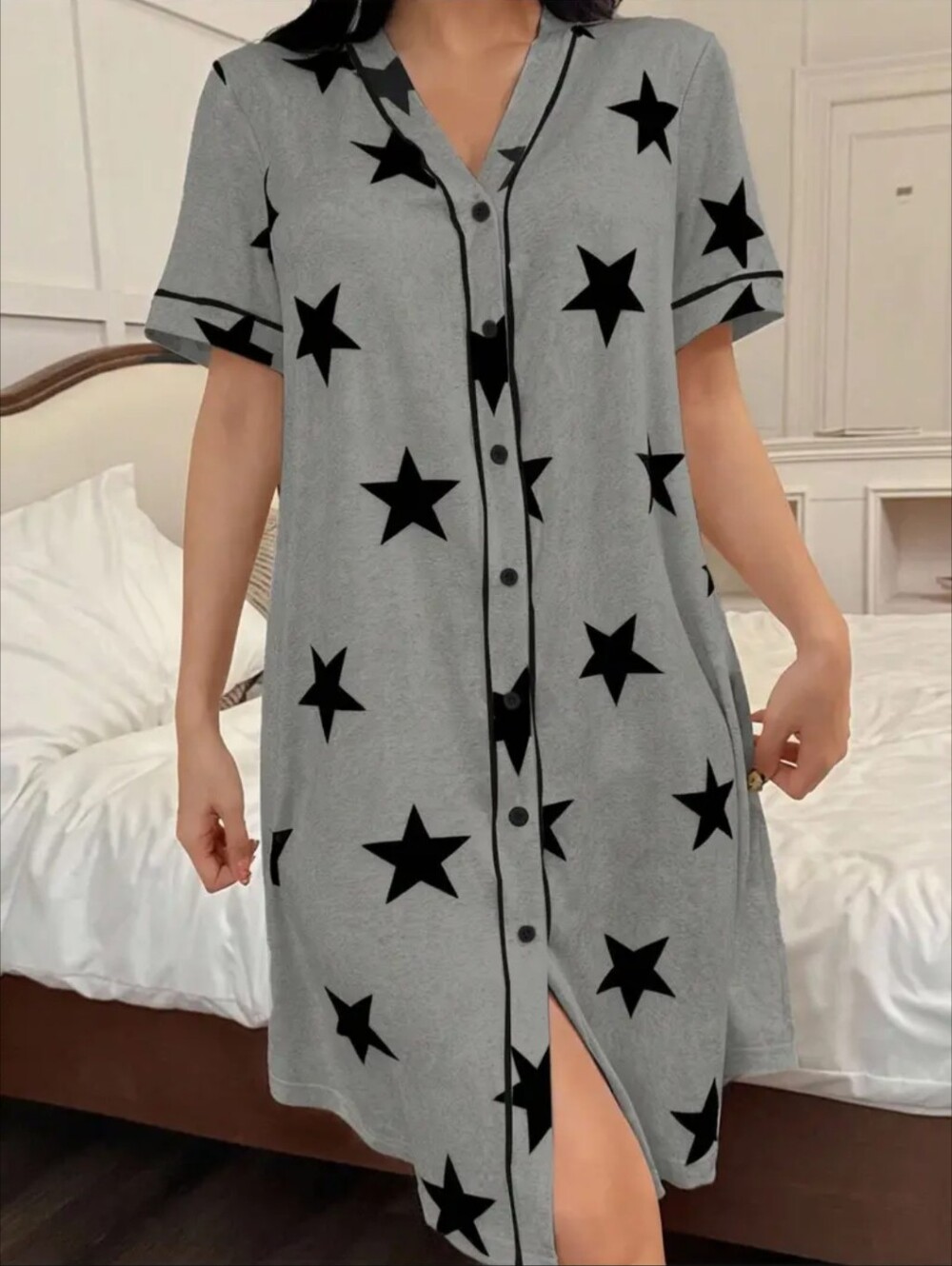 Grey Star Print Button-Front Nightshirt Dress